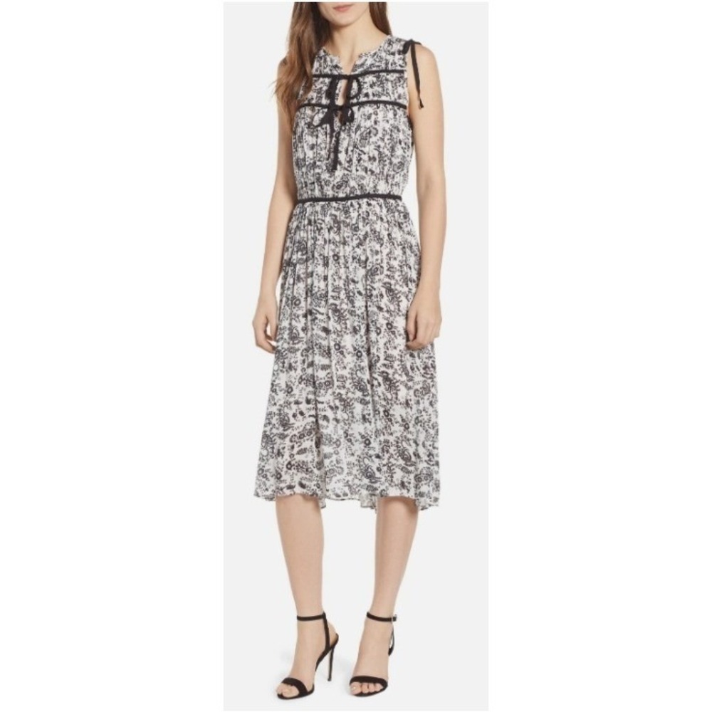 Rebecca Minkoff Midi Dress Women XS White Black Floral Paisley Shoulder Ties NWT